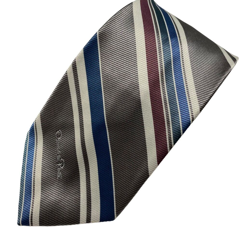 Vintage Oscar de la Renta Men's Necktie Tie Gray Blue Rose Repp Stripe Designer
